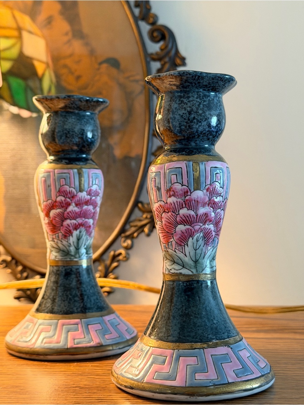 Hand-Painted Dark Green with Pink Floral Chinese Ceramic Candle Holders - Set of